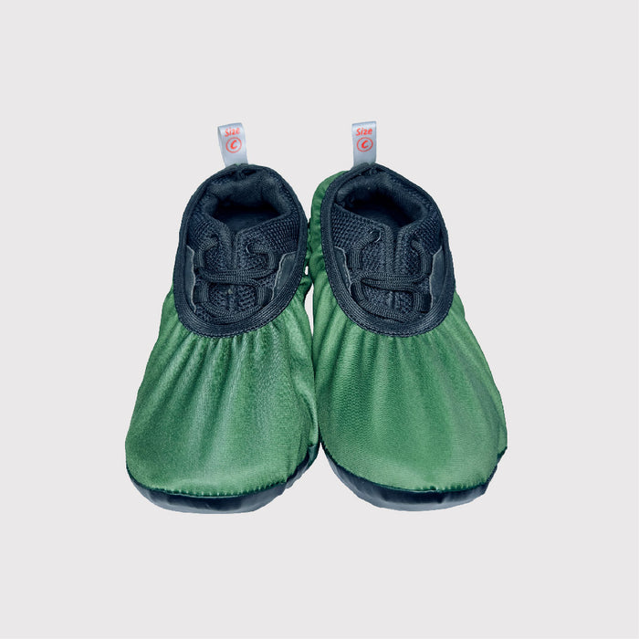 front view of shoe covers, green fabric