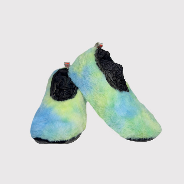 front view shoe covers, green and blue fabric