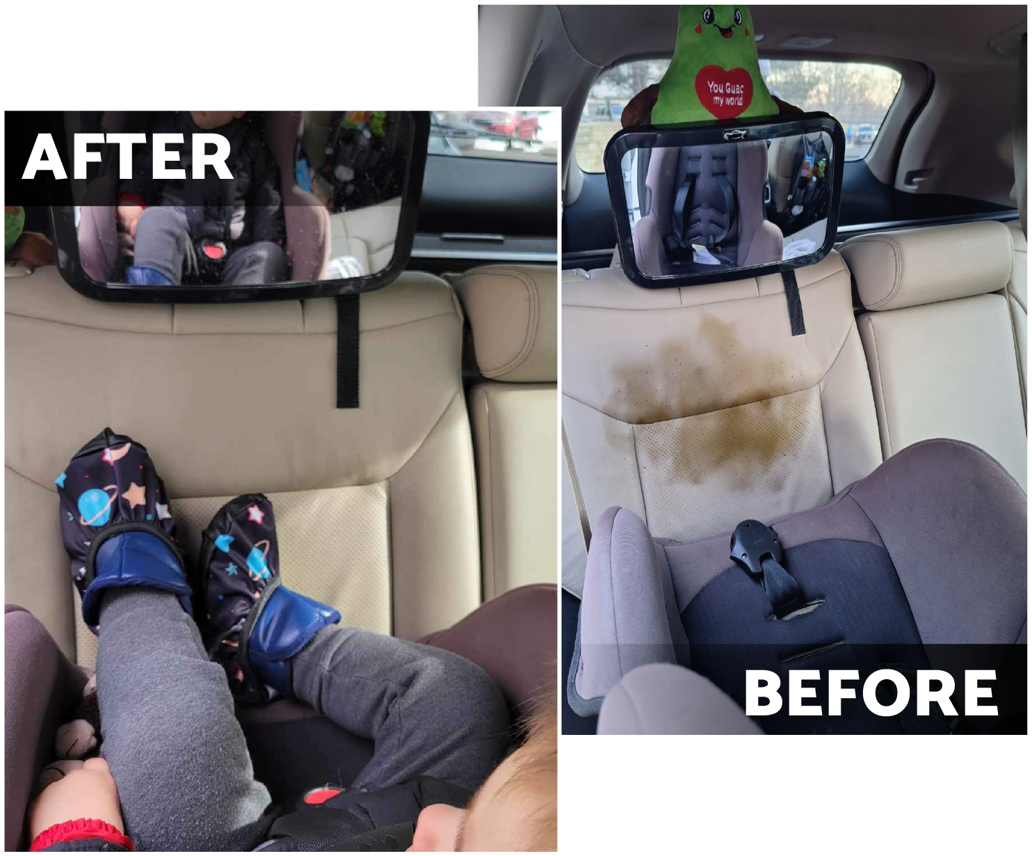 Before: dirty car
After: clean car with covered toddler shoes