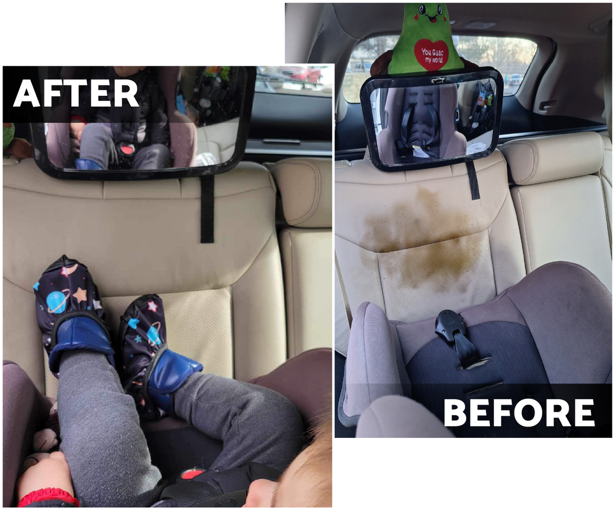 Before: dirty car
After: clean car with covered toddler shoes