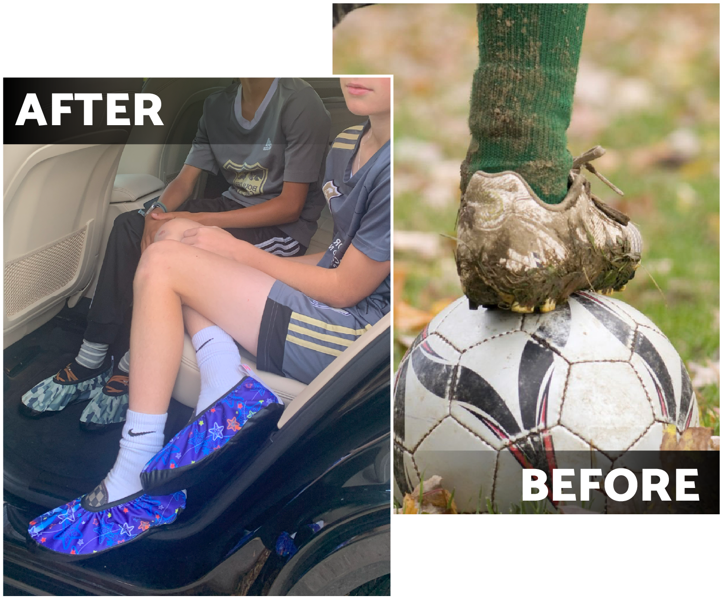Before: dirty soccer cleats with soccer ball
After: clean car with covered soccer cleats