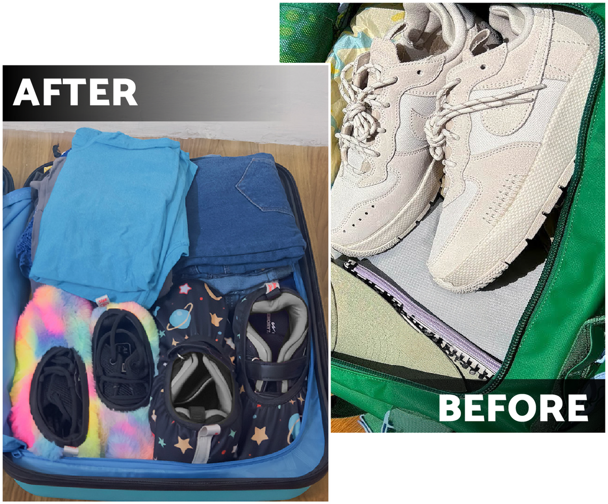 Before: shoes packed in suitcase without shoe covers. 
After: shoe covers packed in suitcase wrapped in shoe covers