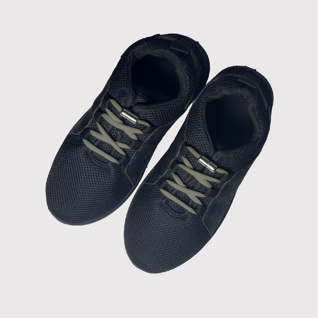 black shoes with grey no tie shoelaces