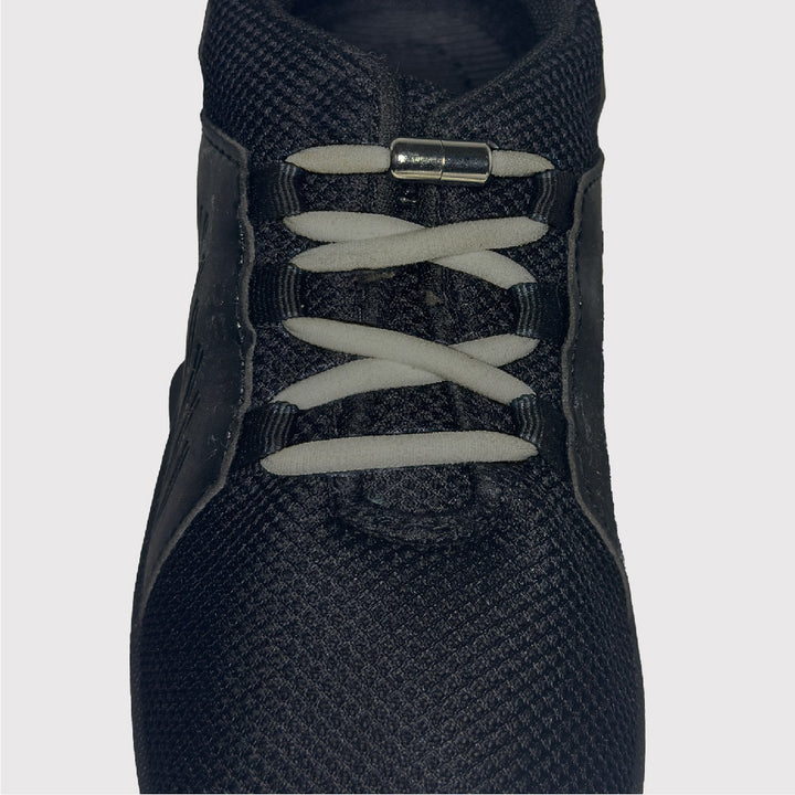 black shoes with grey no tie shoelaces