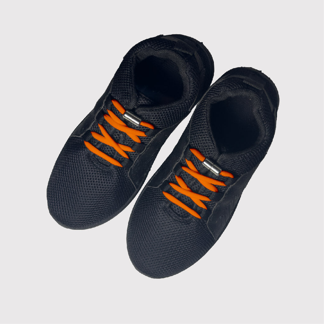 black shoes with orange no tie shoelaces