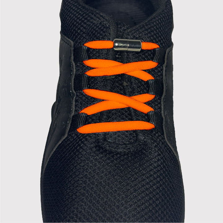 black shoes with orange no tie shoelaces