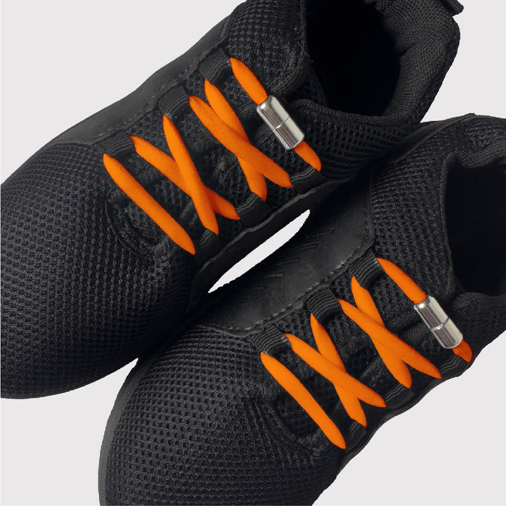 black shoes with orange no tie shoelaces