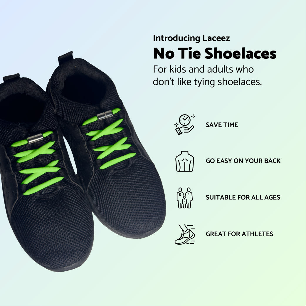 Introducing Laceez No Tie Shoelaces for kids and adults who don't like tying shoelaces. Save time, Go easy on your back, suitable for all ages, great for athletes