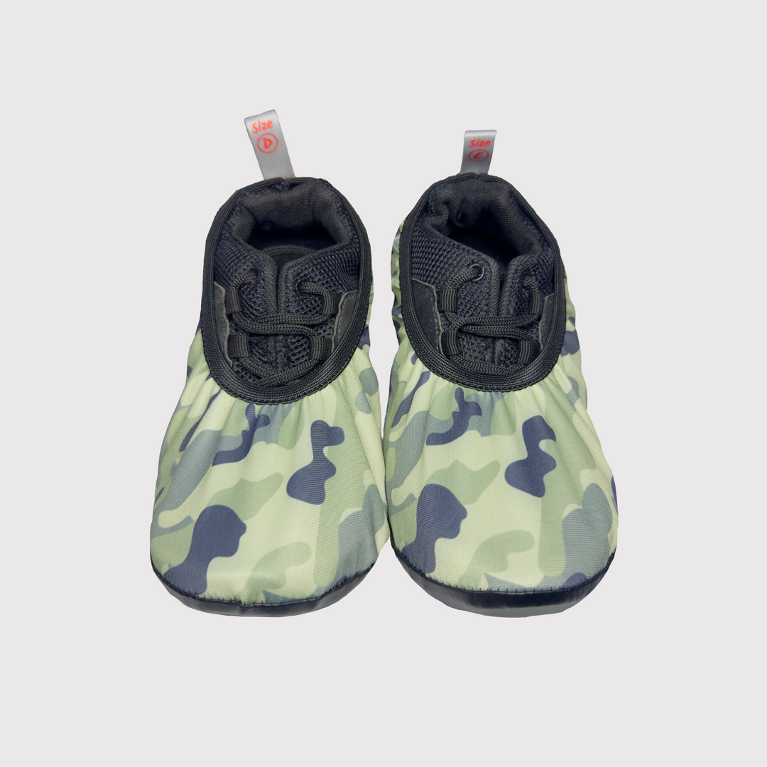 front view of shoe covers, camouflage print