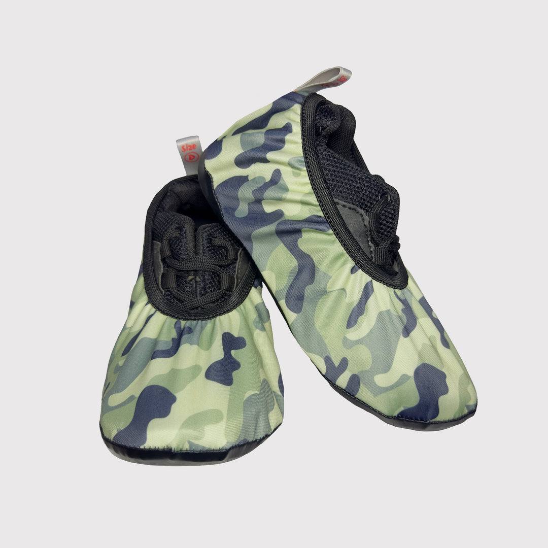 front view of shoe covers, camouflage print