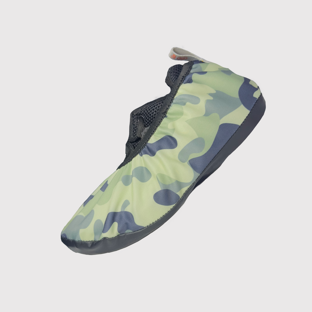 side view of shoe cover, camouflage print