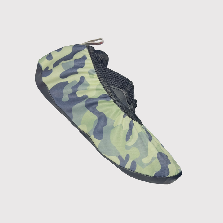 side view of shoe cover, camouflage print