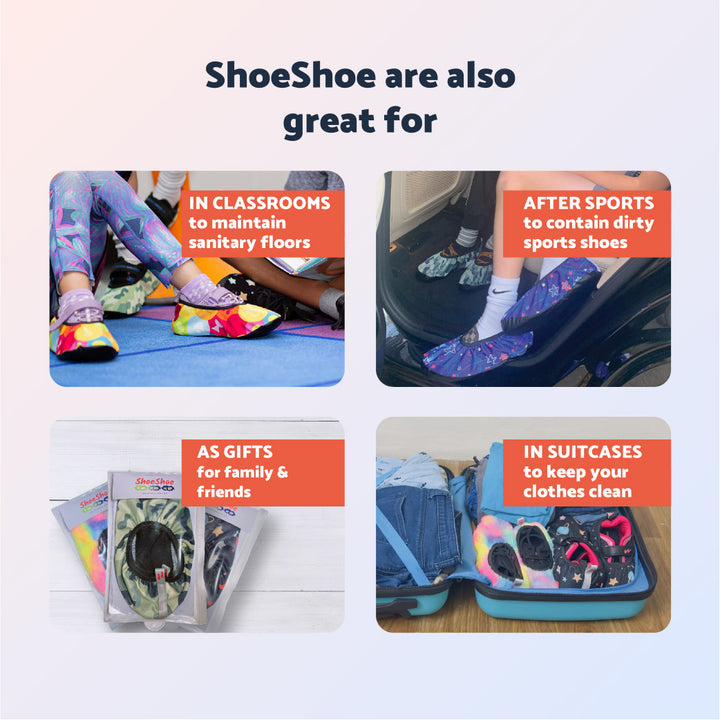 ShoeShoes Uses: In classroom to maintain sanitary floors, After sports to contain dirty sports shoes, As gifts for family & friends, In suitcases to keep your clothes clean