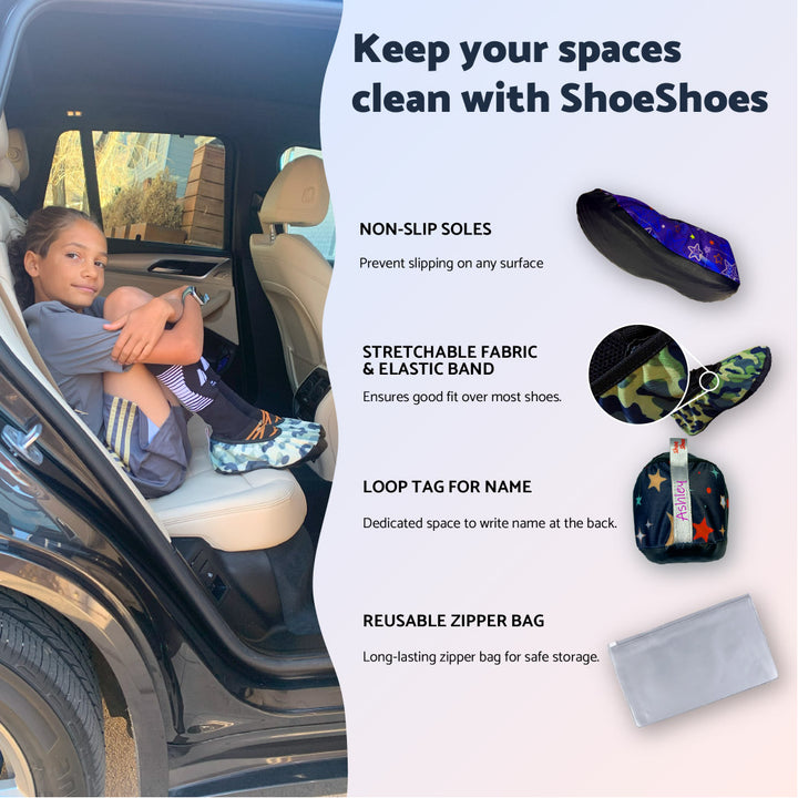 Keep you spaces clean with ShoeShoes, non-slip soles, stretchable fabric & elastic band, loop tag for name, reusable zipper bag