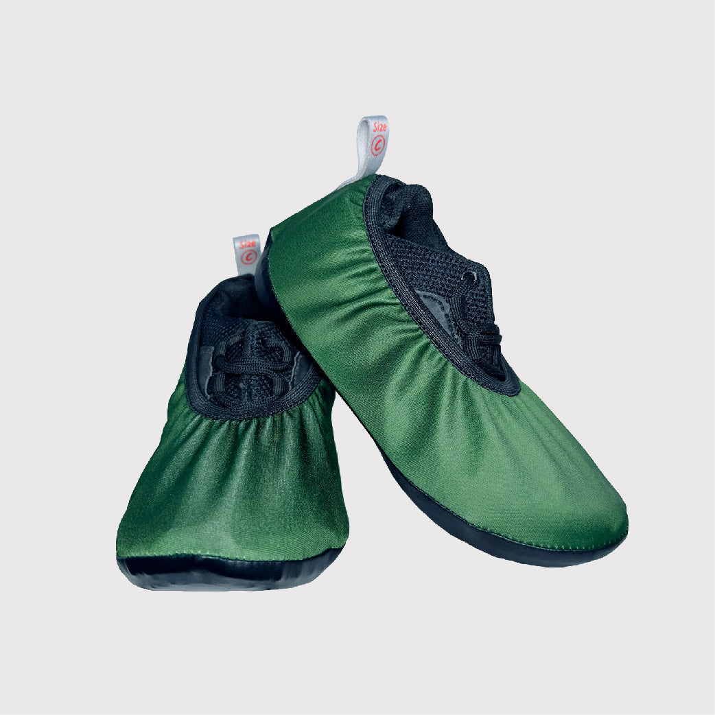 front view of shoe covers, green fabric 