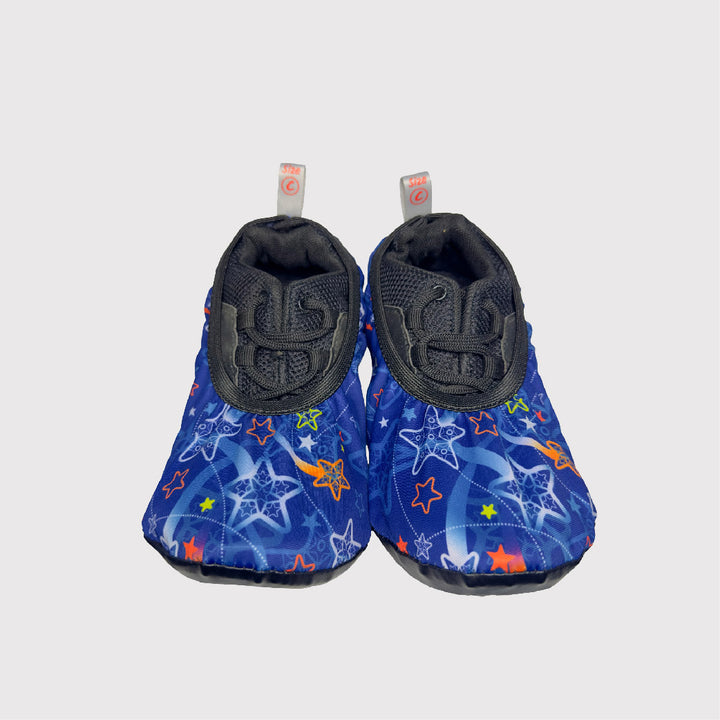 front view shoe covers, blue fabric with stars