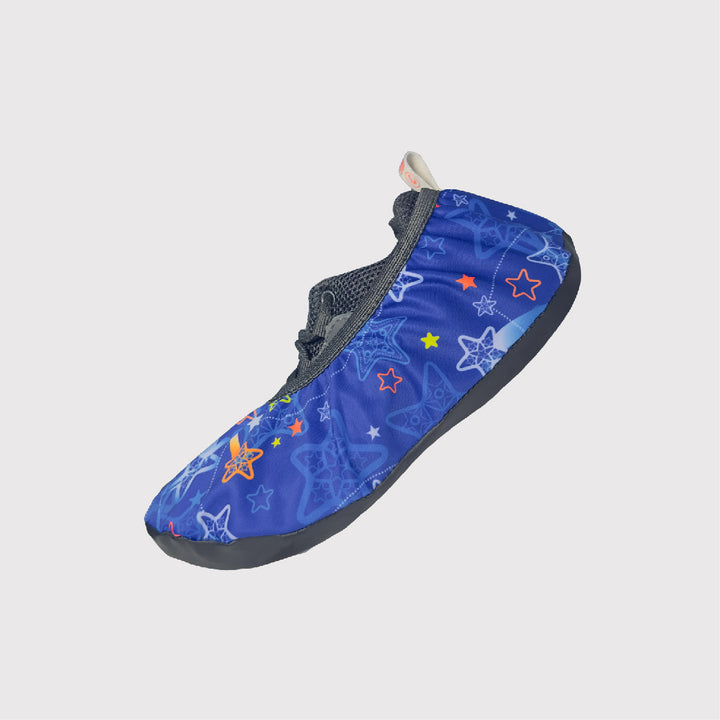 side view shoe covers, blue fabric with stars