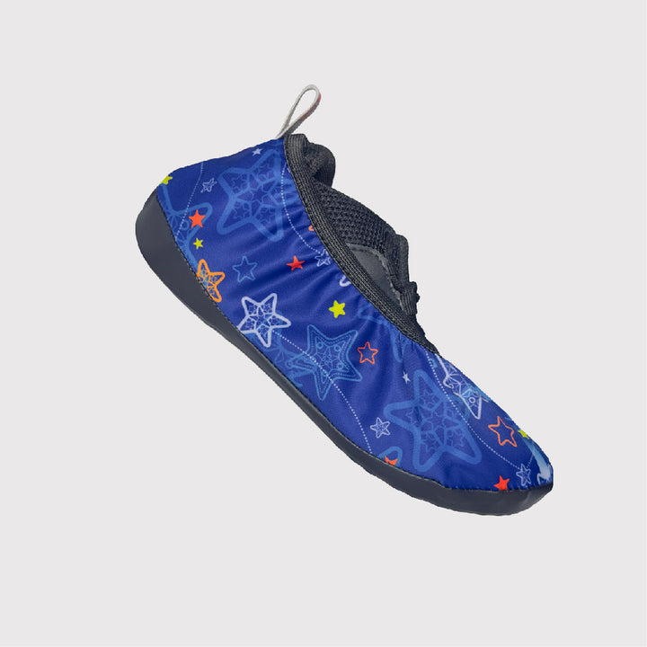 side view shoe covers, blue fabric with stars