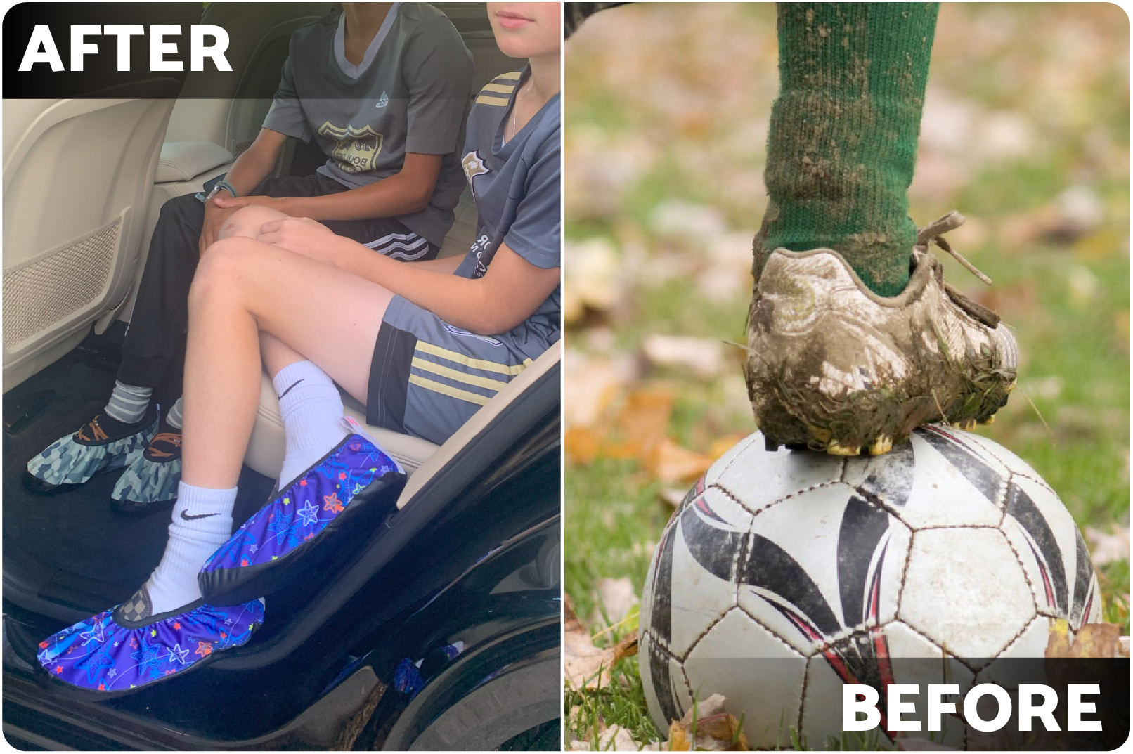 Before: Dirty soccer cleats with soccer ball
After: Covered soccer cleats in clean car