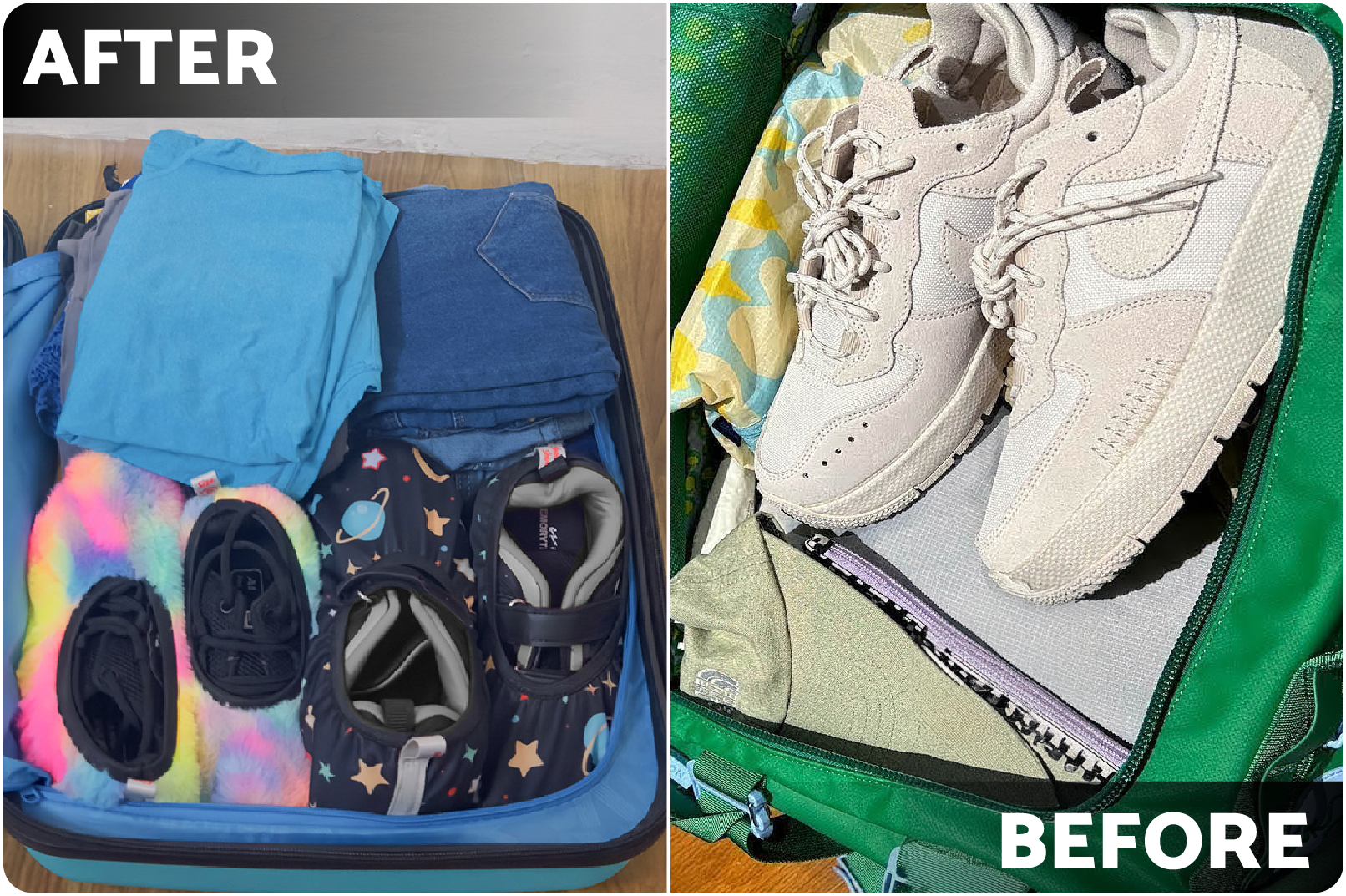 Before: Shoes in suitcase without shoe covers
After: Shoes in suitcase with shoe covers